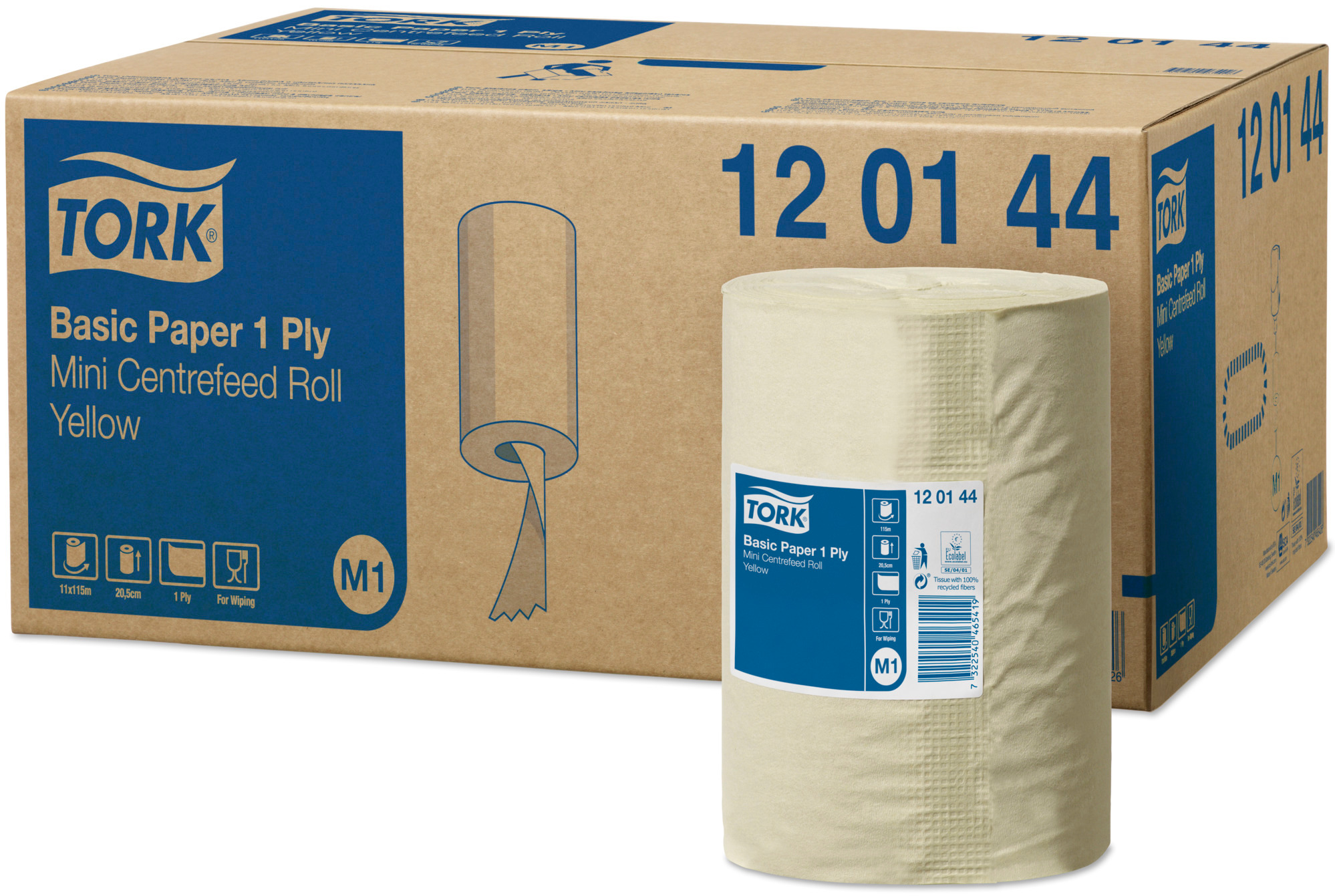 Tork M1, Aftørringsrulle, 115m, Gul, 1 lag, 11 stk